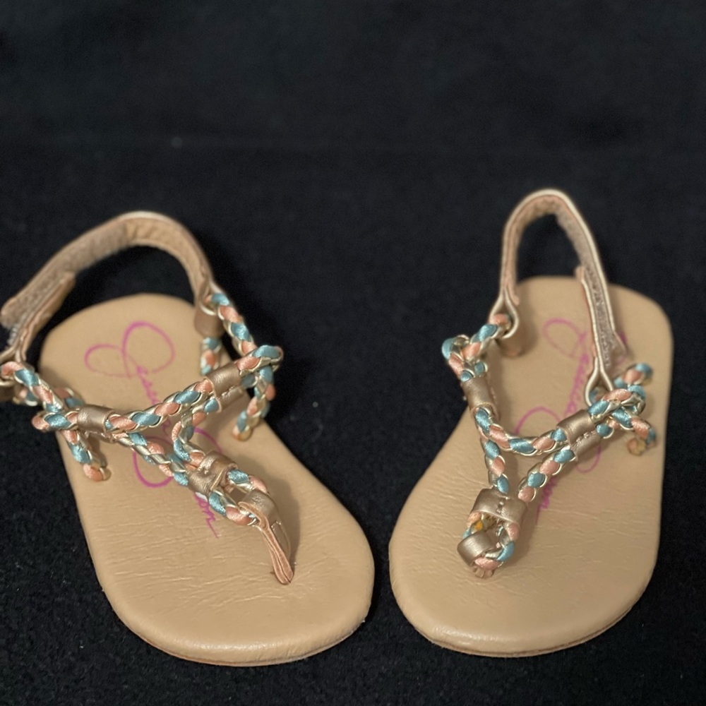 Baby girl sandals. 9-12 Months. Gold w/teal. JS